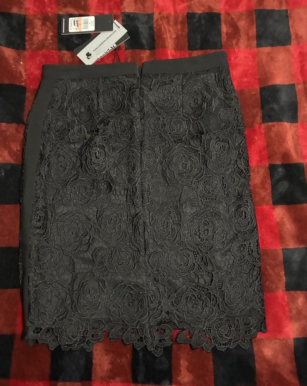 Karl Lagerfeld Paris Womens Black Floral Lace Pencil Knee Skirt Zip Size 2 NWT